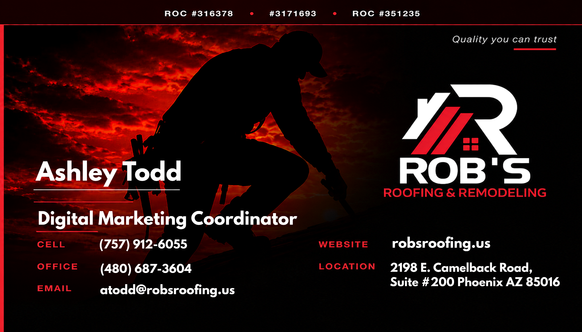 Rob's Roofing business card